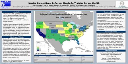 POSTER TEMPLATE BY: www.PosterPresentations.com Making Connections: In-Person Hands-On Training Across the US Joey Nicholson¹, Sharon Brown¹, Maureen K.