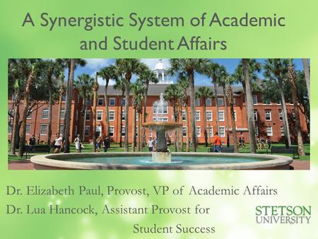 A Synergistic System of Academic and Student Affairs Dr. Elizabeth Paul, Provost, VP of Academic Affairs Dr. Lua Hancock, Assistant Provost for Student.