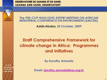 Pre-COP Expert Meeting 22/10/2009 Addis-Ababa 1 The PRE-COP HIGH LEVEL EXPERT MEETING ON AFRICAN MINISTERIAL CONFERENCE ON ENVIRONMENT (AMCEN), Addis Ababa,