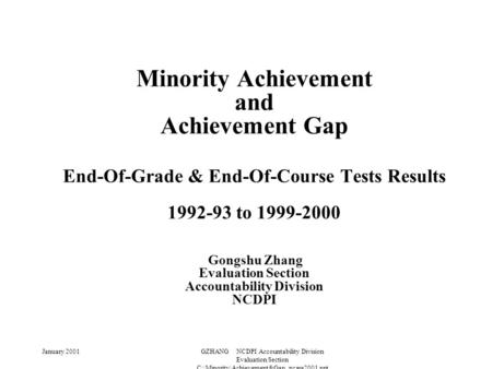 January 2001GZHANG NCDPI Accountability Division Evaluation Section C:\Minority\Achievement&Gap_ncare2001.ppt Minority Achievement and Achievement Gap.