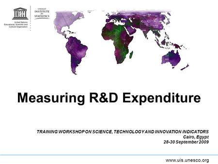 Www.uis.unesco.org Measuring R&D Expenditure TRAINING WORKSHOP ON SCIENCE, TECHNOLOGY AND INNOVATION INDICATORS Cairo, Egypt 28-30 September 2009.