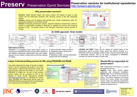 Preserv Preservation Eprint Services Scenario: Digital lifecycle begins with author creation and deposit of paper or data content into the institutional.