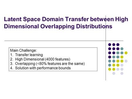 Latent Space Domain Transfer between High Dimensional Overlapping Distributions Sihong Xie Wei Fan Jing Peng* Olivier Verscheure Jiangtao Ren Sun Yat-Sen.