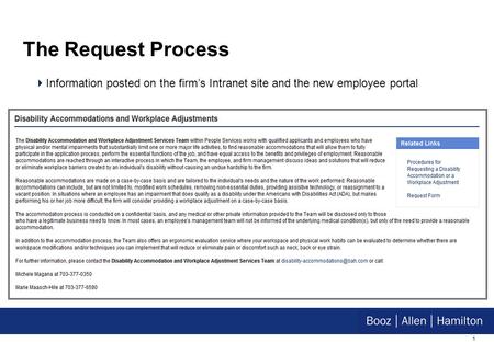 0 Booz Allen Hamiltons Disability Accommodations and Workplace Adjustments Program JAN Webcast: Best Practices April 9, 2013.