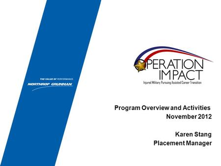 Program Overview and Activities November 2012 Karen Stang Placement Manager.