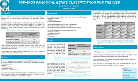 TOWARDS PRACTICAL GENRE CLASSIFICATION FOR THE WEB George Ferizis and Peter Bailey CSIRO ICT Centre Figure Authors: George Ferizis