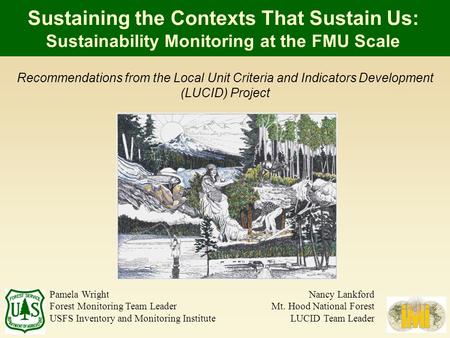 Recommendations from the Local Unit Criteria and Indicators Development (LUCID) Project Pamela Wright Forest Monitoring Team Leader USFS Inventory and.