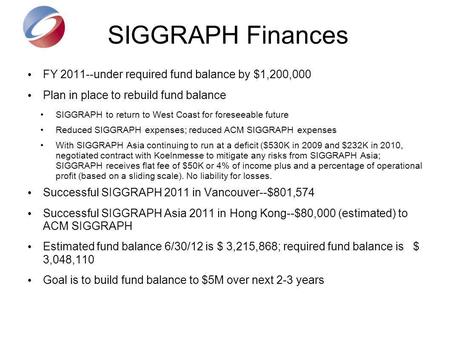 SIGGRAPH Finances FY 2011--under required fund balance by $1,200,000 Plan in place to rebuild fund balance SIGGRAPH to return to West Coast for foreseeable.