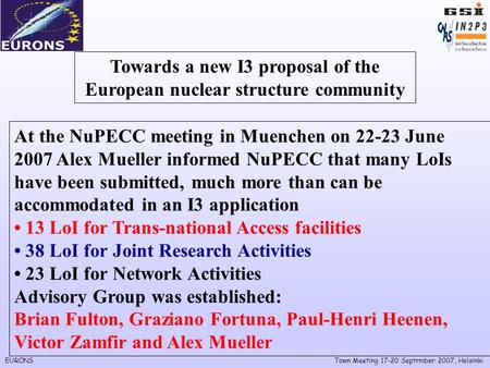 EURONSTown Meeting 17-20 Septrmber 2007, Helsinki Towards a new I3 proposal of the European nuclear structure community At the NuPECC meeting in Muenchen.