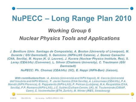 CEA DSM Irfu - Sylvie Leray - NuPECC LRP2010 WG6 -01/06/10 1 NuPECC – Long Range Plan 2010 Working Group 6 Nuclear Physics Tools and Applications J. Benlliure.