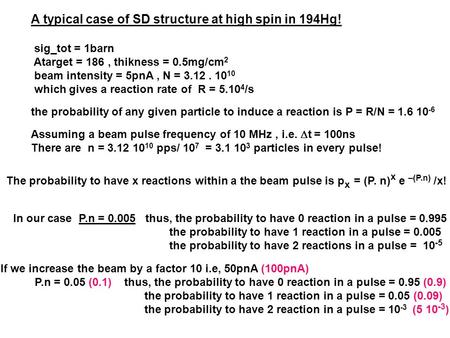 A typical case of SD structure at high spin in 194Hg! sig_tot = 1barn Atarget = 186, thikness = 0.5mg/cm 2 beam intensity = 5pnA, N = 3.12. 10 10 which.