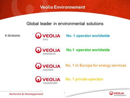 1 4 divisions: No. 1 operator worldwide No. 1 private operator No. 1 in Europe for energy services Veolia Environnement Global leader in environmental.