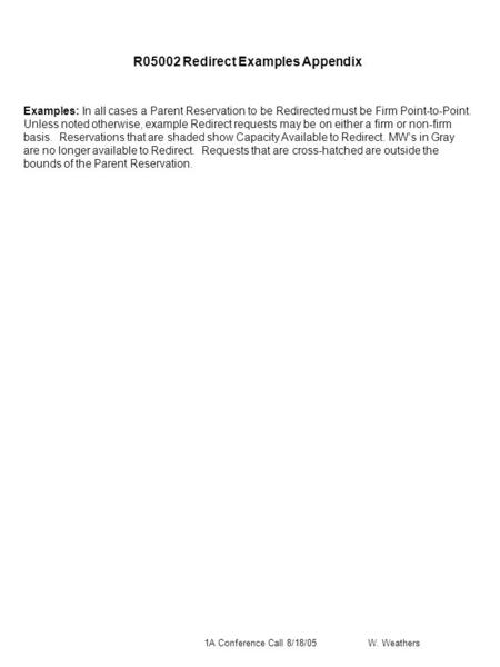 W. Weathers1A Conference Call 8/18/05 Examples: In all cases a Parent Reservation to be Redirected must be Firm Point-to-Point. Unless noted otherwise,