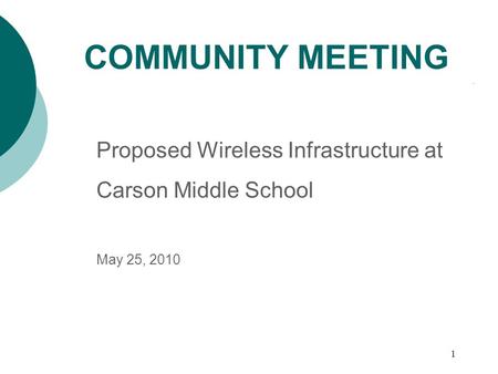 1 Proposed Wireless Infrastructure at Carson Middle School May 25, 2010 COMMUNITY MEETING.