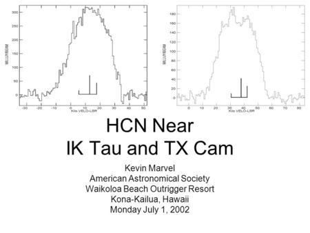 HCN Near IK Tau and TX Cam Kevin Marvel American Astronomical Society Waikoloa Beach Outrigger Resort Kona-Kailua, Hawaii Monday July 1, 2002.