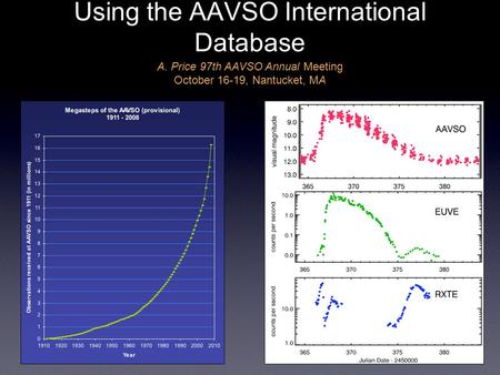 Using the AAVSO International Database A. Price 97th AAVSO Annual Meeting October 16-19, Nantucket, MA.