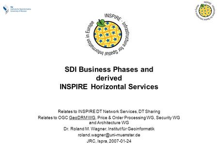 SDI Business Phases and derived INSPIRE Horizontal Services Relates to INSPIRE DT Network Services, DT Sharing Relates to OGC GeoDRM WG, Price & Order.