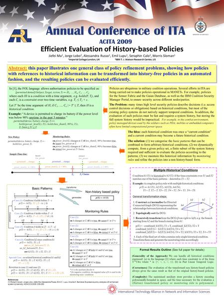 Annual Conference of ITA ACITA 2009 Efficient Evaluation of History-based Policies Jiefei Ma 1, Jorge Lobo 2, Alessandra Russo 1, Emil Lupu 1, Seraphin.