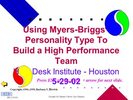 HDI, 5-29-2002 Copyright 2002, Barbara N. Brown, Type Techniques1 Using Myers-Briggs ® Personality Type To Build a High Performance Team Help Desk Institute.