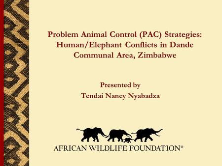 Problem Animal Control (PAC) Strategies: Human/Elephant Conflicts in Dande Communal Area, Zimbabwe Presented by Tendai Nancy Nyabadza.