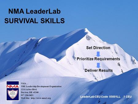 1 Set Direction NMA LeaderLab SURVIVAL SKILLS Prioritize Requirements Deliver Results NMA… THE Leadership Development Organization 2210 Arbor Blvd. Dayton,