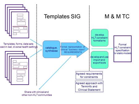 Catalogue, synthesise Templates, forms, data sets used in real, diverse health settings Formal representation of clinical business object REQUIREMENTS.