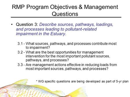 RMP Program Objectives & Management Questions Question 3: Describe sources, pathways, loadings, and processes leading to pollutant-related impairment in.