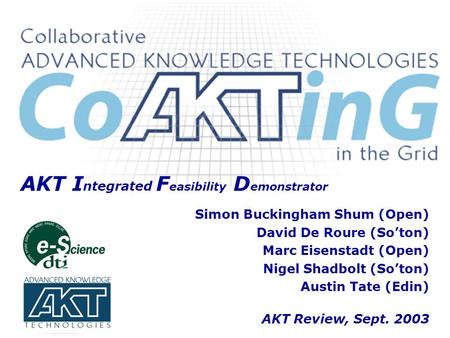 Simon Buckingham Shum (Open) David De Roure (Soton) Marc Eisenstadt (Open) Nigel Shadbolt (Soton) Austin Tate (Edin) AKT Review, Sept. 2003 AKT I ntegrated.