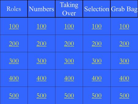 200 300 400 500 100 200 300 400 500 100 200 300 400 500 100 200 300 400 500 100 200 300 400 500 100 Roles Numbers Taking Over SelectionGrab Bag.