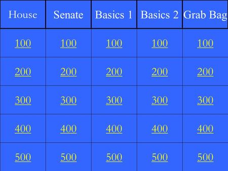 200 300 400 500 100 200 300 400 500 100 200 300 400 500 100 200 300 400 500 100 200 300 400 500 100 House SenateBasics 1Basics 2Grab Bag.