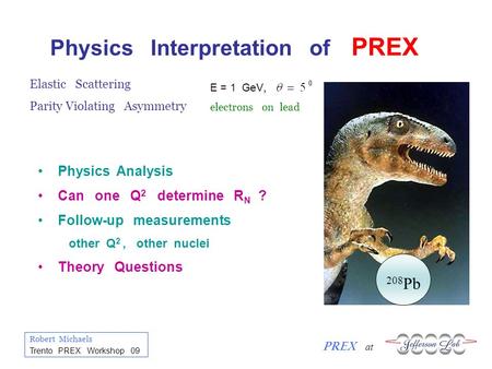 Robert Michaels PREX at Trento PREX Workshop 09 Physics Interpretation of PREX 208 Pb E = 1 GeV, electrons on lead Elastic Scattering Parity Violating.