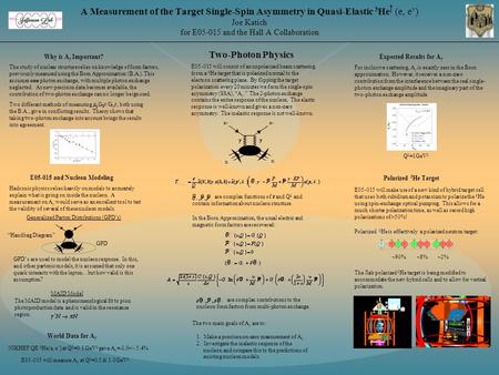 A Measurement of the Target Single-Spin Asymmetry in Quasi-Elastic 3 He (e, e) Joe Katich for E05-015 and the Hall A Collaboration Two-Photon Physics World.