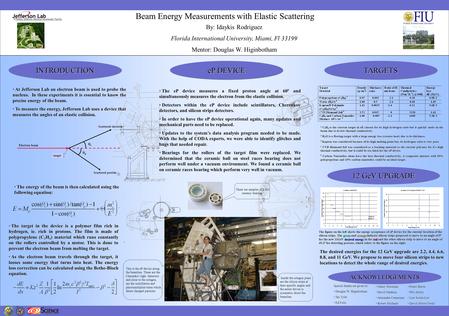 Beam Energy Measurements with Elastic Scattering At Jefferson Lab an electron beam is used to probe the nucleus. In these experiments it is essential to.