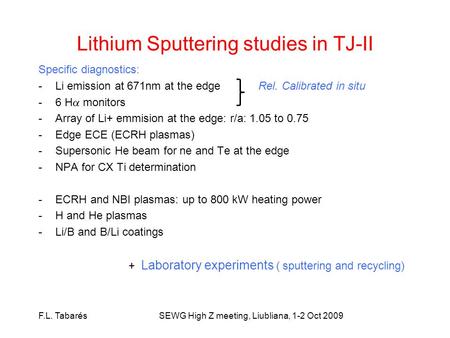 Lithium Sputtering studies in TJ-II Specific diagnostics: -Li emission at 671nm at the edge Rel. Calibrated in situ -6 H monitors -Array of Li+ emmision.