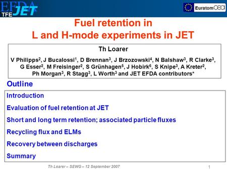 TFE Th Loarer – SEWG – 12 September 2007 1 Euratom Th Loarer V Philipps 2, J Bucalossi 1, D Brennan 3, J Brzozowski 4, N Balshaw 3, R Clarke 3, G Esser.