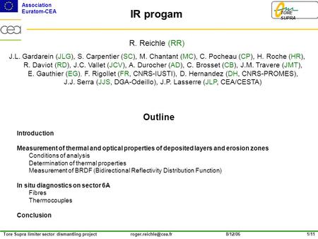 Association Euratom-CEA TORE SUPRA Tore Supra limiter sector dismantling project IR progam Outline Introduction Measurement.