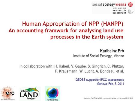 Human Appropriation of NPP (HANPP) An accounting framwork for analysing land use processes in the Earth system Karlheinz Erb Institute of Social Ecology,