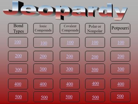 100 200 300 400 500 100 200 300 400 500 400 300 200 100 200 300 400 500 100 200 300 400 500 Bond Types Ionic Compounds Covalent Compounds Polar or Nonpolar.