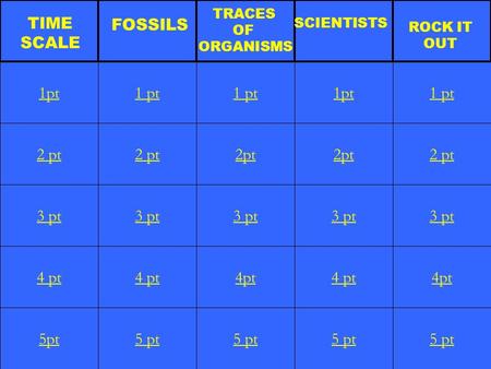 2 pt 3 pt 4 pt 5pt 1 pt 2 pt 3 pt 4 pt 5 pt 1 pt 2pt 3 pt 4pt 5 pt 1pt 2pt 3 pt 4 pt 5 pt 1 pt 2 pt 3 pt 4pt 5 pt 1pt TIME SCALE FOSSILS TRACES OF ORGANISMS.