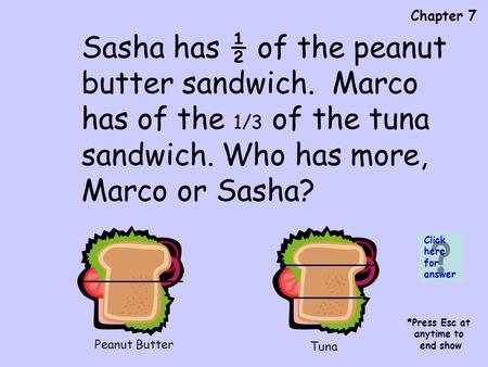 Chapter 7 Peanut Butter Tuna Sasha has ½ of the peanut butter sandwich. Marco has of the 1/3 of the tuna sandwich. Who has more, Marco or Sasha? Click.