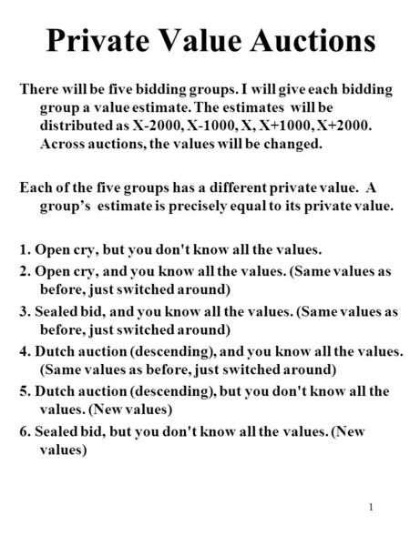 1 Private Value Auctions There will be five bidding groups. I will give each bidding group a value estimate. The estimates will be distributed as X-2000,