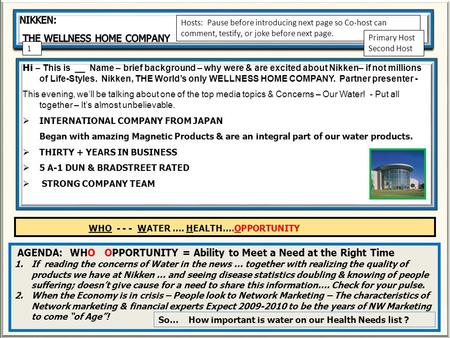 Hi – This is __ Name – brief background – why were & are excited about Nikken– if not millions of Life-Styles. Nikken, THE Worlds only WELLNESS HOME COMPANY.