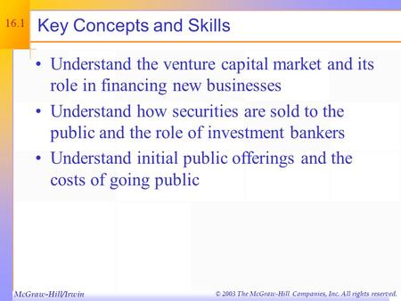 © 2003 The McGraw-Hill Companies, Inc. All rights reserved. Raising Capital Chapter Sixteen.