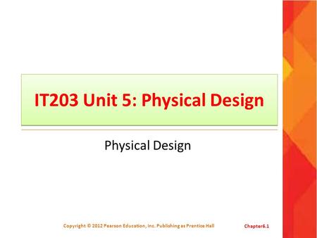 IT203 Unit 5: Physical Design Physical Design Copyright © 2012 Pearson Education, Inc. Publishing as Prentice HallChapter6.1.