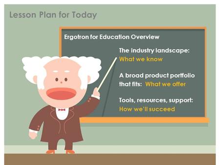 Lesson Plan for Today Ergotron for Education Overview The industry landscape: What we know A broad product portfolio that fits: What we offer Tools, resources,