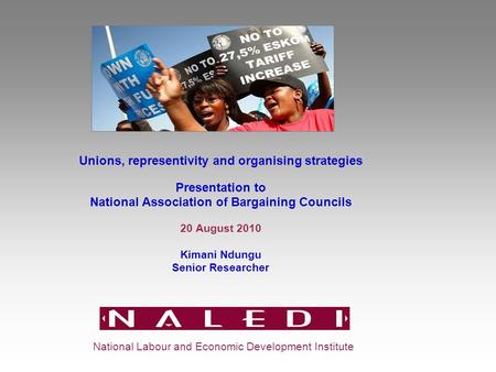 Unions, representivity and organising strategies Presentation to National Association of Bargaining Councils 20 August 2010 Kimani Ndungu Senior Researcher.