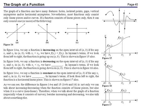 Page 40 The Graph of a Function The graph of a function can have many features: holes, isolated points, gaps, vertical asymptotes and/or horizontal asymptotes.