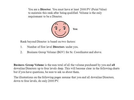 You are a Director. You must have at least 2000 PV (Point Value) to maintain this rank after being qualified. Volume is the only requirement to be a Director.