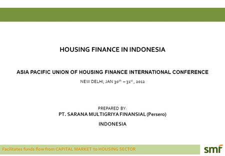 Facilitates funds flow from CAPITAL MARKET to HOUSING SECTOR HOUSING FINANCE IN INDONESIA ASIA PACIFIC UNION OF HOUSING FINANCE INTERNATIONAL CONFERENCE.