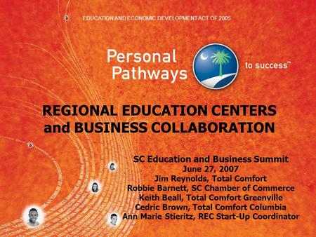 SC Education and Business Summit June 27, 2007 Jim Reynolds, Total Comfort Robbie Barnett, SC Chamber of Commerce Keith Beall, Total Comfort Greenville.